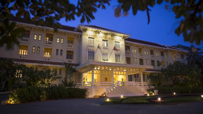 Cambodia, Siem Reap, Raffles Grand Hotel Grand d'Angkor, Exterior, Tusmørke