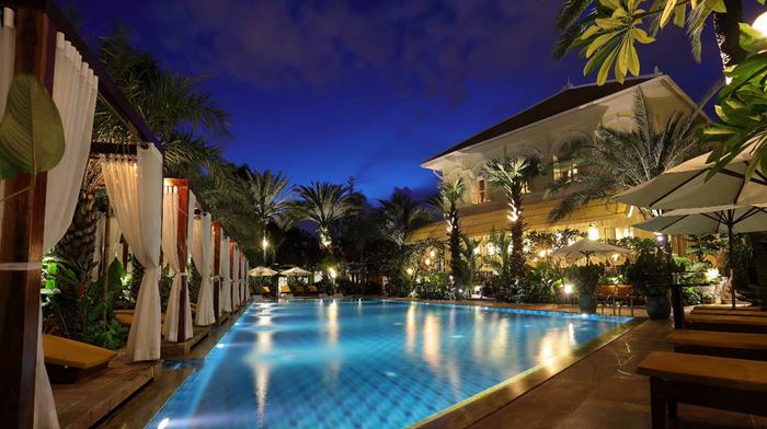 Cambodia, Phnom Penh, Palace Gate Hotel & Resort, Pool, Evening